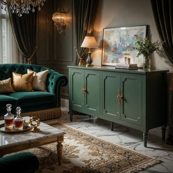 English Elm 58.9 Inch Sage Credenza with Carved Bronze Hardware Solid Wood Legs Dining Storage Green B082P517263