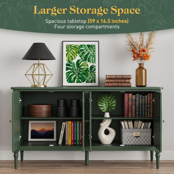 English Elm 58.9 Inch Sage Credenza with Carved Bronze Hardware Solid Wood Legs Dining Storage Green B082P517263