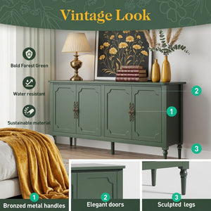 English Elm 58.9 Inch Sage Credenza with Carved Bronze Hardware Solid Wood Legs Dining Storage Green B082P517263