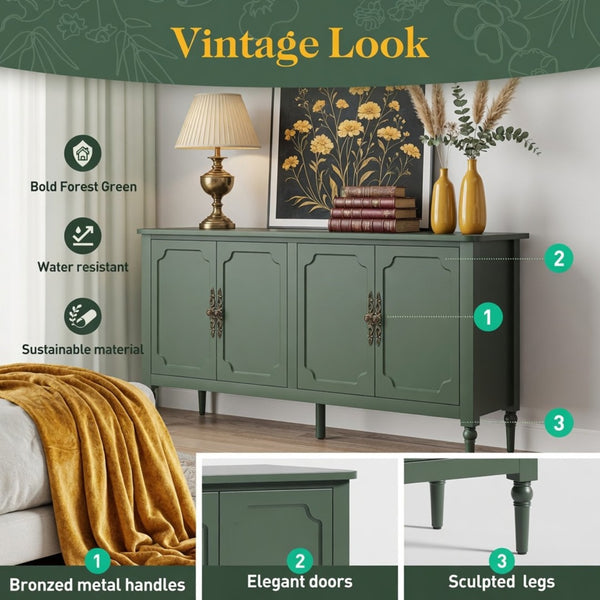 English Elm 58.9 Inch Sage Credenza with Carved Bronze Hardware Solid Wood Legs Dining Storage Green B082P517263