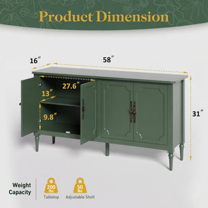 English Elm 58.9 Inch Sage Credenza with Carved Bronze Hardware Solid Wood Legs Dining Storage Green B082P517263