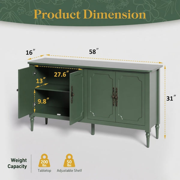 English Elm 58.9 Inch Sage Credenza with Carved Bronze Hardware Solid Wood Legs Dining Storage Green B082P517263