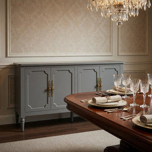 English Elm 58.9 Inch Sage Credenza with Carved Bronze Hardware Solid Wood Legs Dining Storage Grey B082P517264