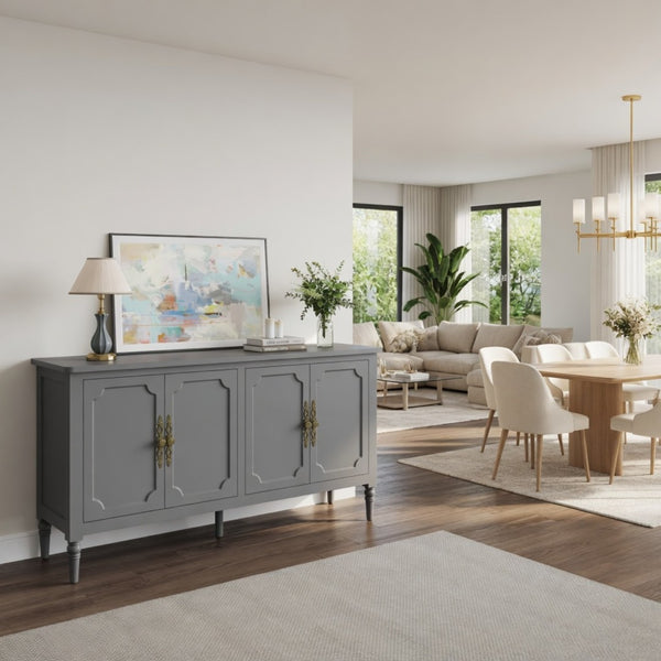 English Elm 58.9 Inch Sage Credenza with Carved Bronze Hardware Solid Wood Legs Dining Storage Grey B082P517264