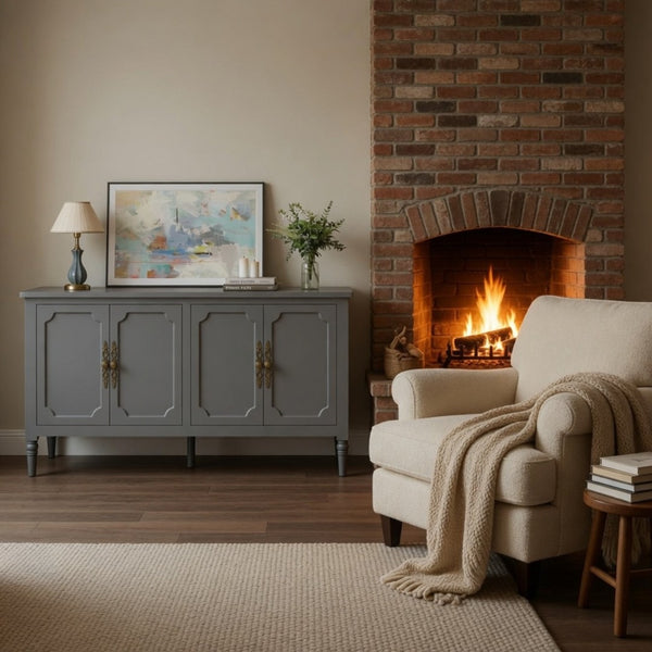 English Elm 58.9 Inch Sage Credenza with Carved Bronze Hardware Solid Wood Legs Dining Storage Grey B082P517264