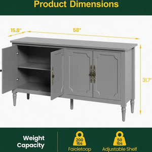 English Elm 58.9 Inch Sage Credenza with Carved Bronze Hardware Solid Wood Legs Dining Storage Grey B082P517264