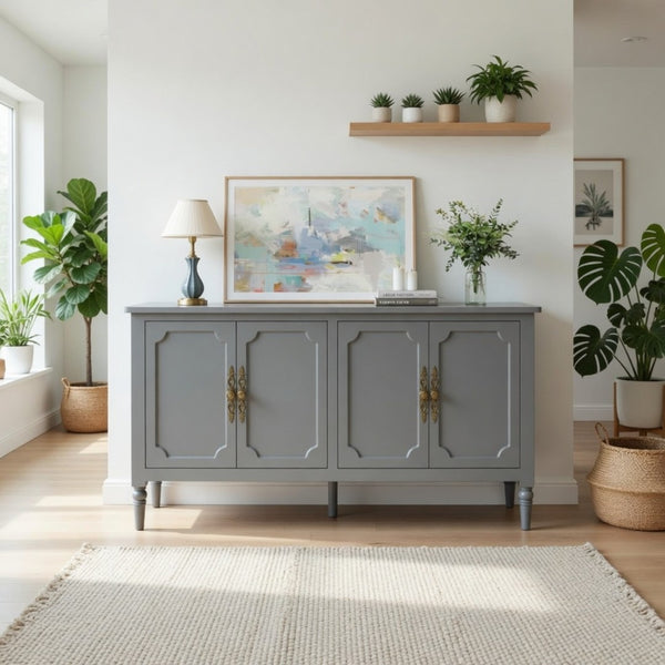 English Elm 58.9 Inch Sage Credenza with Carved Bronze Hardware Solid Wood Legs Dining Storage Grey B082P517264