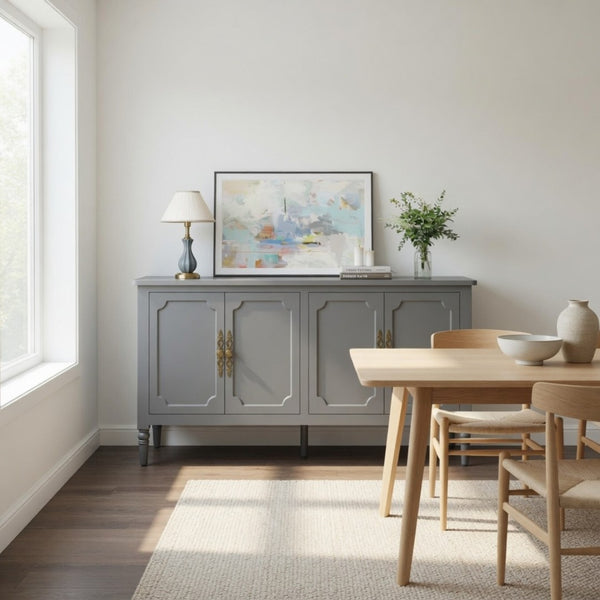 English Elm 58.9 Inch Sage Credenza with Carved Bronze Hardware Solid Wood Legs Dining Storage Grey B082P517264