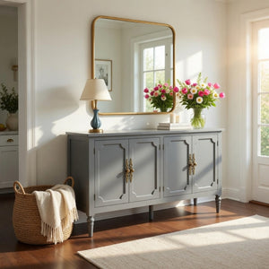 English Elm 58.9 Inch Sage Credenza with Carved Bronze Hardware Solid Wood Legs Dining Storage Grey B082P517264