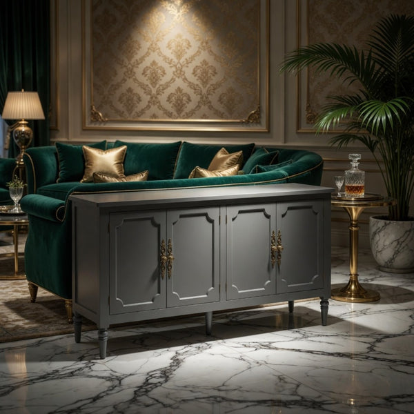 English Elm 58.9 Inch Sage Credenza with Carved Bronze Hardware Solid Wood Legs Dining Storage Grey B082P517264