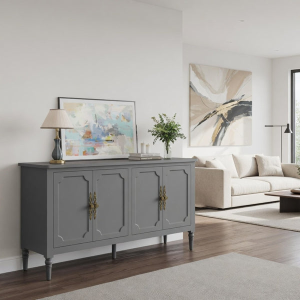 English Elm 58.9 Inch Sage Credenza with Carved Bronze Hardware Solid Wood Legs Dining Storage Grey B082P517264