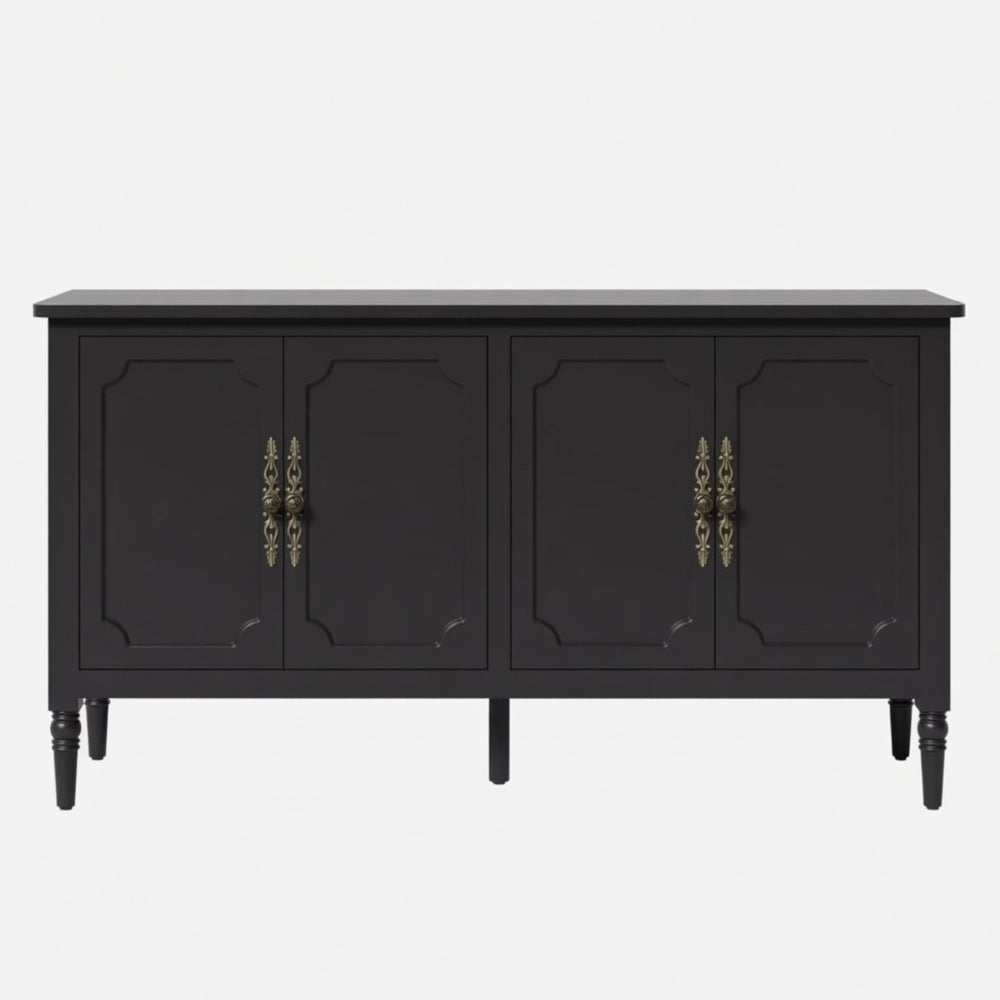 English Elm 58.9 Inch Matte Black Sideboard with Carved Bronze Hardware and Adjustable Interior Shelves B082P517265