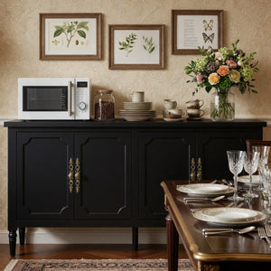 English Elm 58.9 Inch Matte Black Sideboard with Carved Bronze Hardware and Adjustable Interior Shelves B082P517265