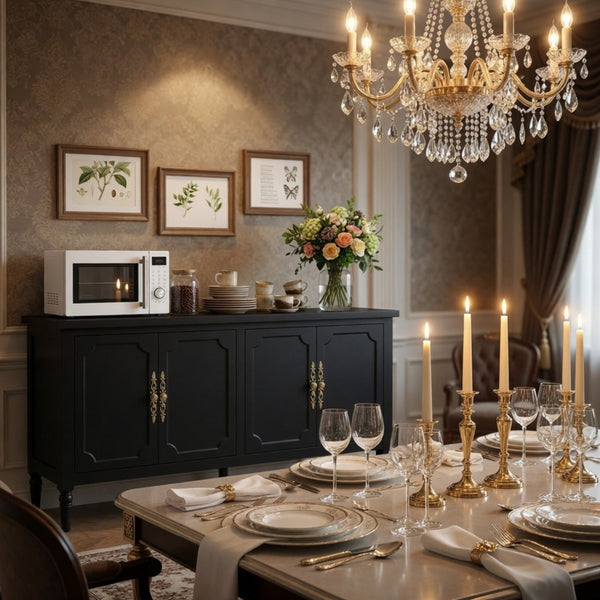 English Elm 58.9 Inch Matte Black Sideboard with Carved Bronze Hardware and Adjustable Interior Shelves B082P517265