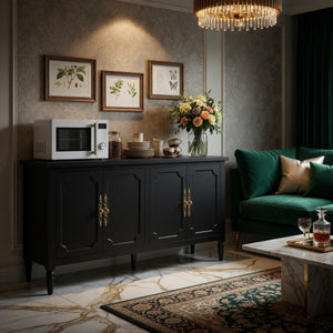 English Elm 58.9 Inch Matte Black Sideboard with Carved Bronze Hardware and Adjustable Interior Shelves B082P517265