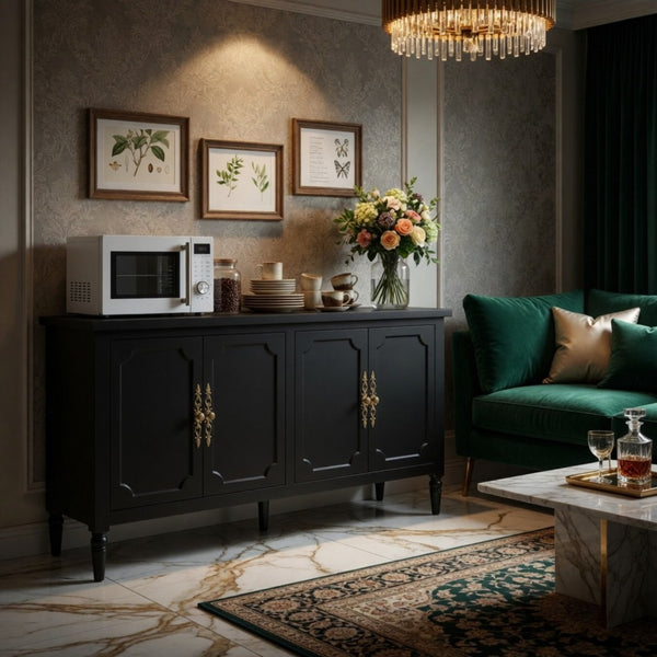 English Elm 58.9 Inch Matte Black Sideboard with Carved Bronze Hardware and Adjustable Interior Shelves B082P517265
