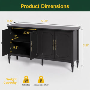 English Elm 58.9 Inch Matte Black Sideboard with Carved Bronze Hardware and Adjustable Interior Shelves B082P517265