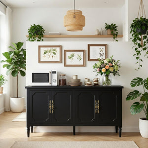 English Elm 58.9 Inch Matte Black Sideboard with Carved Bronze Hardware and Adjustable Interior Shelves B082P517265