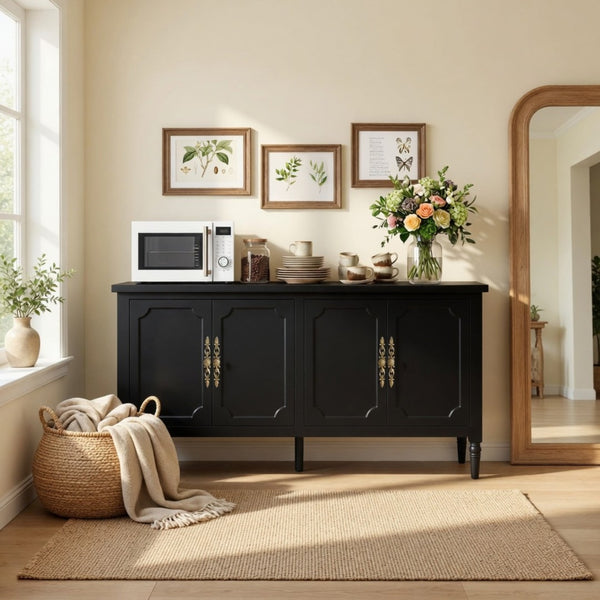 English Elm 58.9 Inch Matte Black Sideboard with Carved Bronze Hardware and Adjustable Interior Shelves B082P517265
