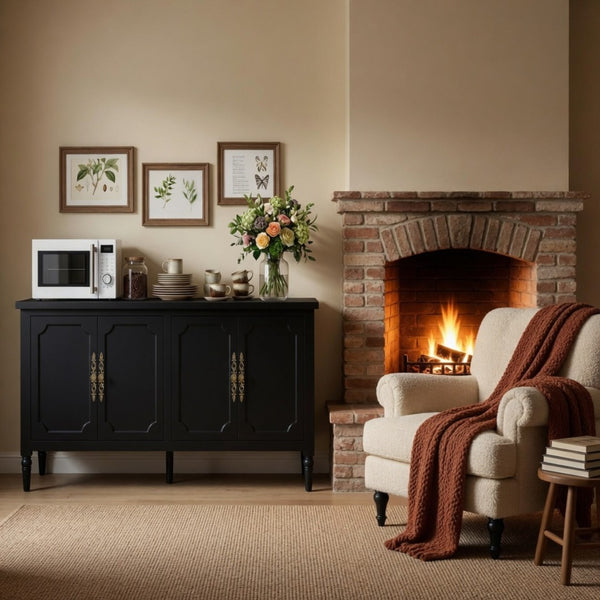 English Elm 58.9 Inch Matte Black Sideboard with Carved Bronze Hardware and Adjustable Interior Shelves B082P517265
