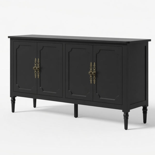 English Elm 58.9 Inch Matte Black Sideboard with Carved Bronze Hardware and Adjustable Interior Shelves B082P517265