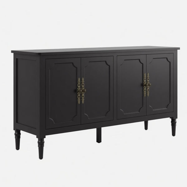 English Elm 58.9 Inch Matte Black Sideboard with Carved Bronze Hardware and Adjustable Interior Shelves B082P517265