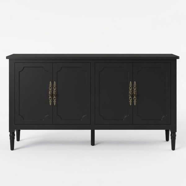 English Elm 58.9 Inch Matte Black Sideboard with Carved Bronze Hardware and Adjustable Interior Shelves B082P517265