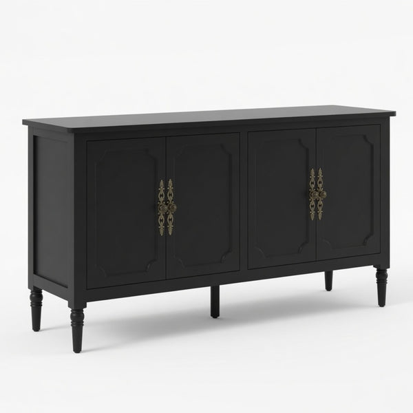 English Elm 58.9 Inch Matte Black Sideboard with Carved Bronze Hardware and Adjustable Interior Shelves B082P517265