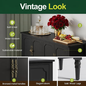 English Elm 58.9 Inch Matte Black Sideboard with Carved Bronze Hardware and Adjustable Interior Shelves B082P517265