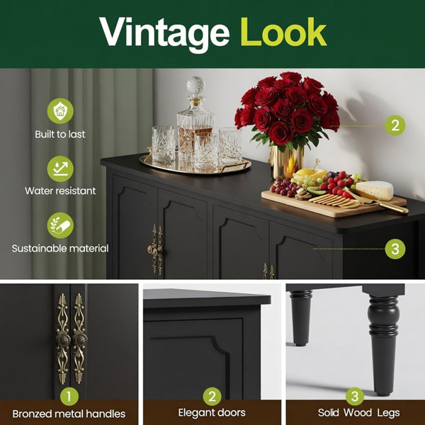 English Elm 58.9 Inch Matte Black Sideboard with Carved Bronze Hardware and Adjustable Interior Shelves B082P517265