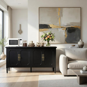 English Elm 58.9 Inch Matte Black Sideboard with Carved Bronze Hardware and Adjustable Interior Shelves B082P517265