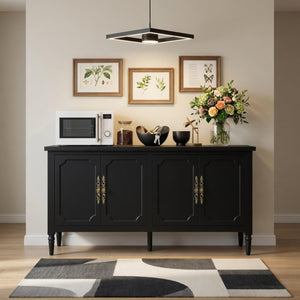 English Elm 58.9 Inch Matte Black Sideboard with Carved Bronze Hardware and Adjustable Interior Shelves B082P517265