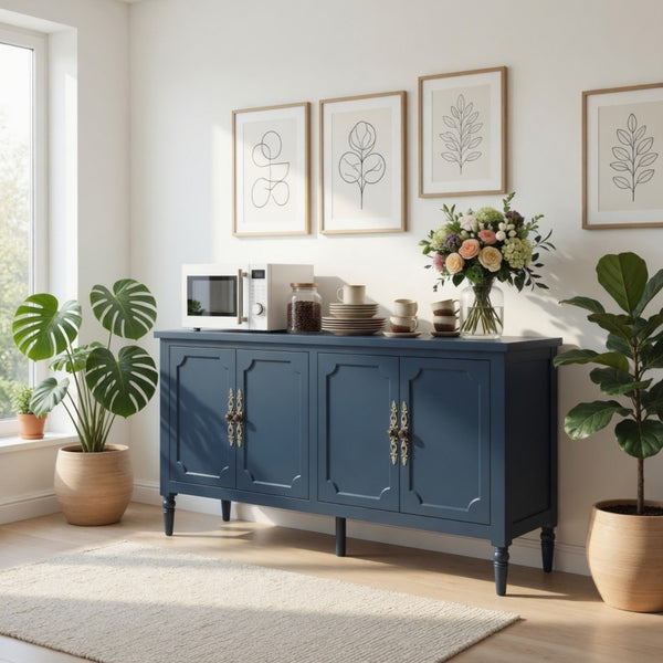 English Elm 58.9 Inch Vintage Blue Sideboard with Bronze Hardware and Adjustable Shelves for Dining B082P517266