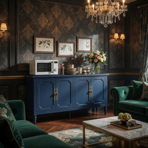 English Elm 58.9 Inch Vintage Blue Sideboard with Bronze Hardware and Adjustable Shelves for Dining B082P517266