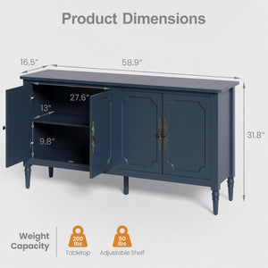 English Elm 58.9 Inch Vintage Blue Sideboard with Bronze Hardware and Adjustable Shelves for Dining B082P517266