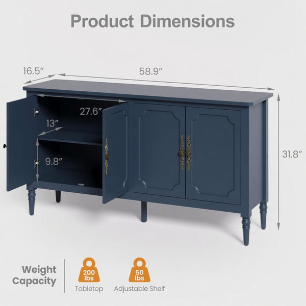 English Elm 58.9 Inch Vintage Blue Sideboard with Bronze Hardware and Adjustable Shelves for Dining B082P517266