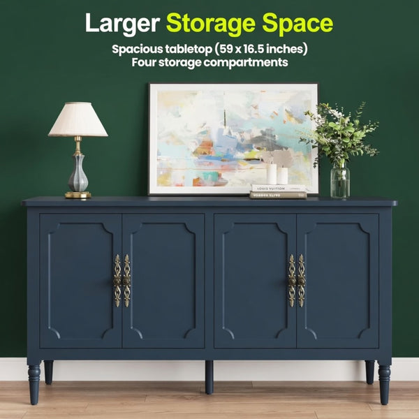 English Elm 58.9 Inch Vintage Blue Sideboard with Bronze Hardware and Adjustable Shelves for Dining B082P517266
