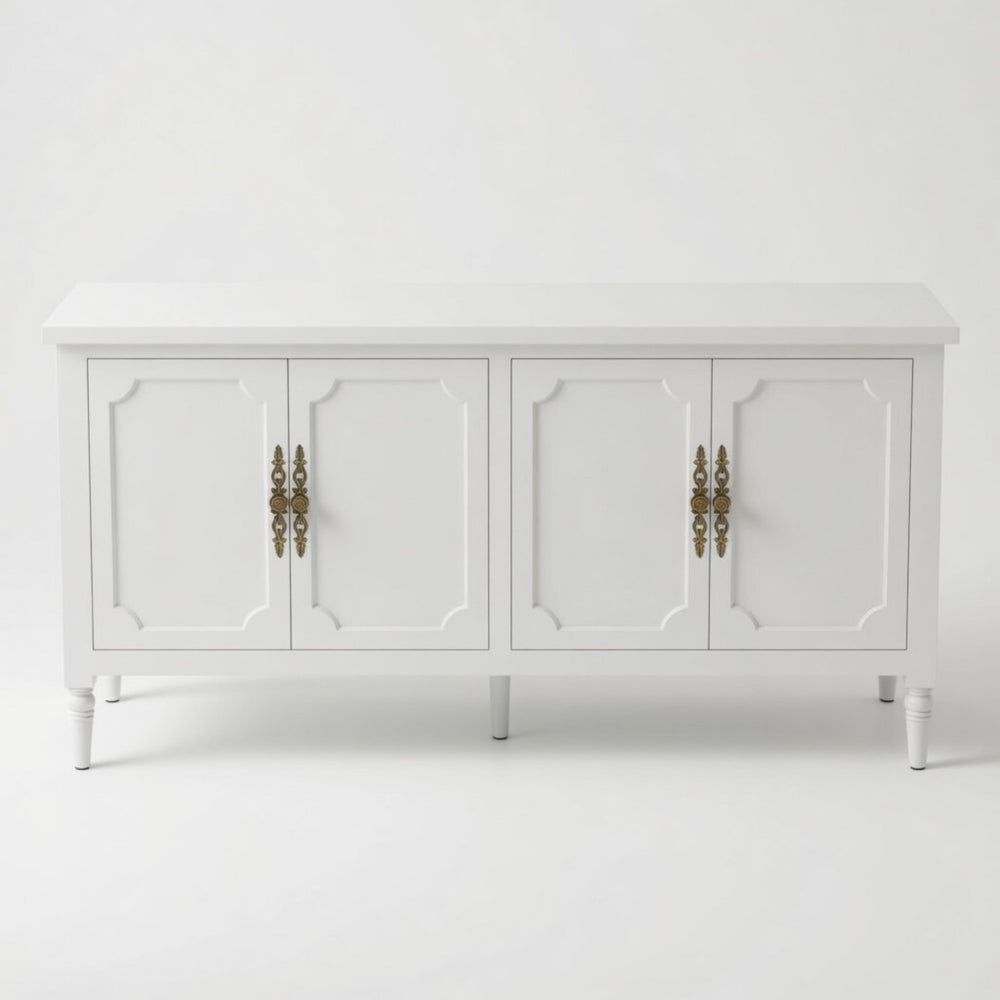 English Elm 58.9 Inch White Buffet Cabinet with Carved Bronze Hardware and Adjustable Interior Shelves B082P517267
