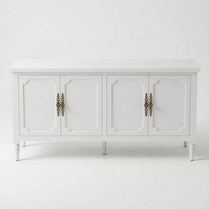 English Elm 58.9 Inch White Buffet Cabinet with Carved Bronze Hardware and Adjustable Interior Shelves B082P517267