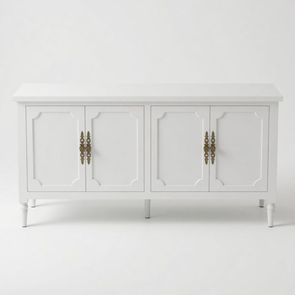 English Elm 58.9 Inch White Buffet Cabinet with Carved Bronze Hardware and Adjustable Interior Shelves B082P517267