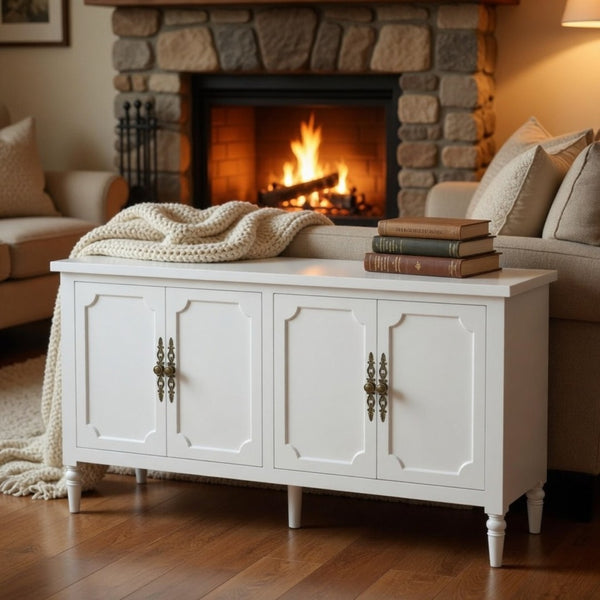 English Elm 58.9 Inch White Buffet Cabinet with Carved Bronze Hardware and Adjustable Interior Shelves B082P517267