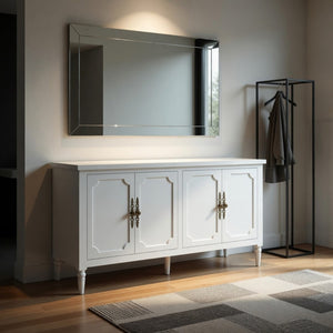English Elm 58.9 Inch White Buffet Cabinet with Carved Bronze Hardware and Adjustable Interior Shelves B082P517267