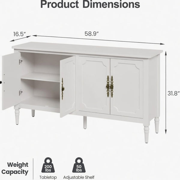 English Elm 58.9 Inch White Buffet Cabinet with Carved Bronze Hardware and Adjustable Interior Shelves B082P517267
