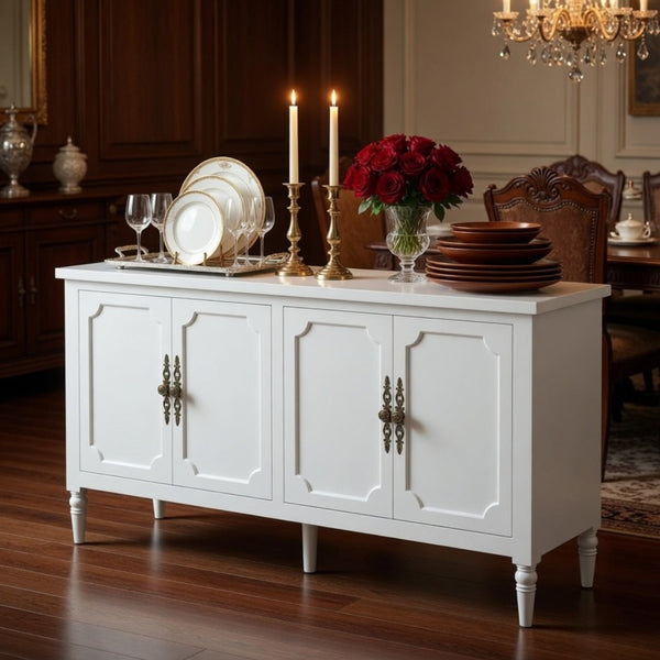 English Elm 58.9 Inch White Buffet Cabinet with Carved Bronze Hardware and Adjustable Interior Shelves B082P517267