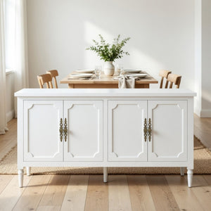 English Elm 58.9 Inch White Buffet Cabinet with Carved Bronze Hardware and Adjustable Interior Shelves B082P517267