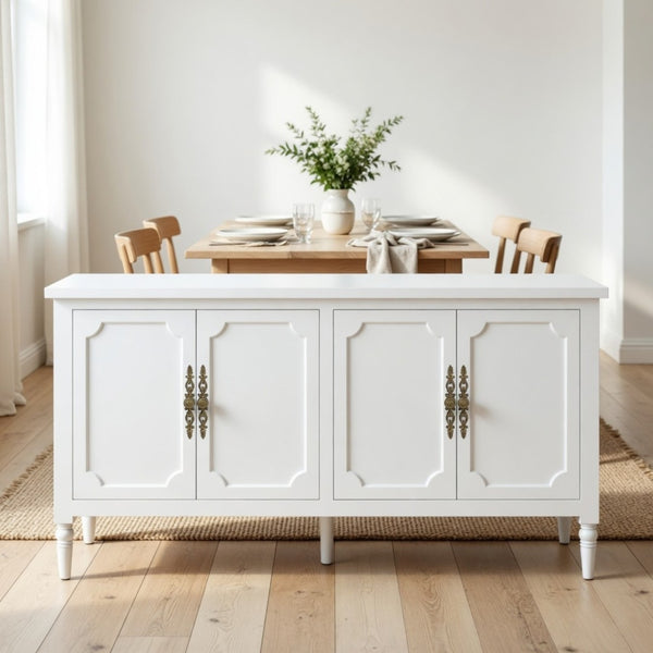 English Elm 58.9 Inch White Buffet Cabinet with Carved Bronze Hardware and Adjustable Interior Shelves B082P517267