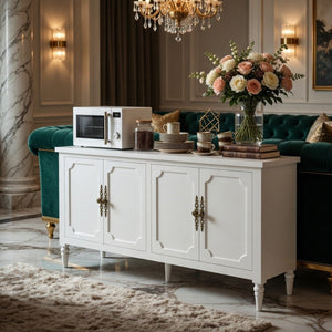 English Elm 58.9 Inch White Buffet Cabinet with Carved Bronze Hardware and Adjustable Interior Shelves B082P517267