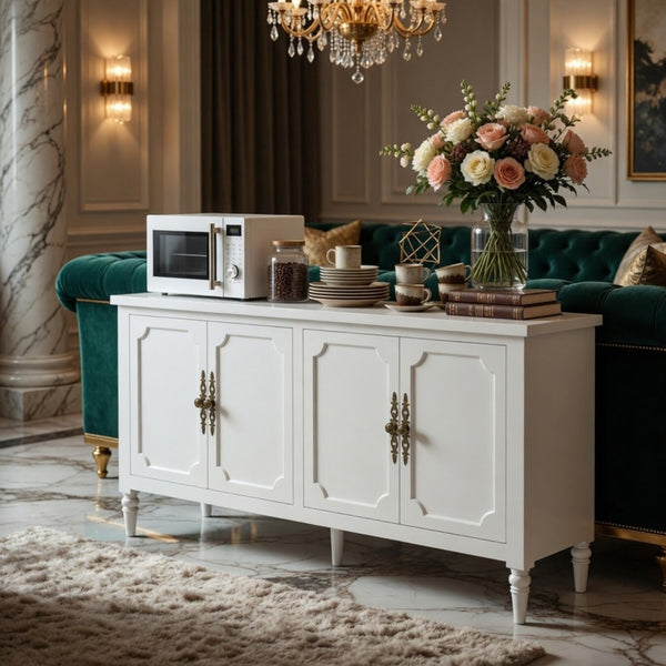 English Elm 58.9 Inch White Buffet Cabinet with Carved Bronze Hardware and Adjustable Interior Shelves B082P517267