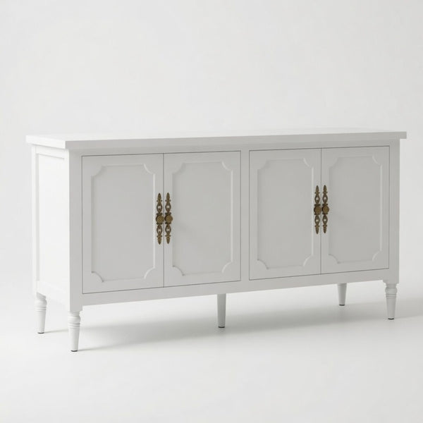 English Elm 58.9 Inch White Buffet Cabinet with Carved Bronze Hardware and Adjustable Interior Shelves B082P517267