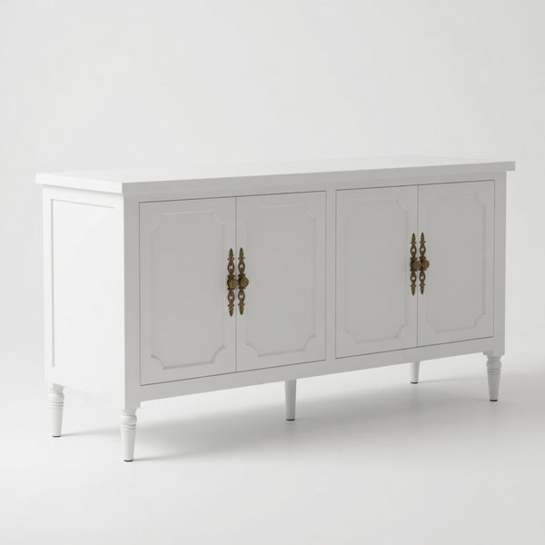 English Elm 58.9 Inch White Buffet Cabinet with Carved Bronze Hardware and Adjustable Interior Shelves B082P517267